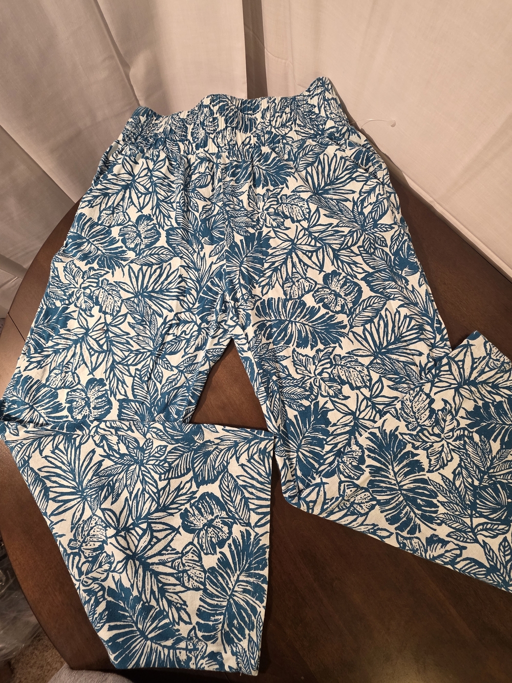Sincerely Jules Tropical Print Wide Leg Teal Blue & White Linen Blend Pants,  XL